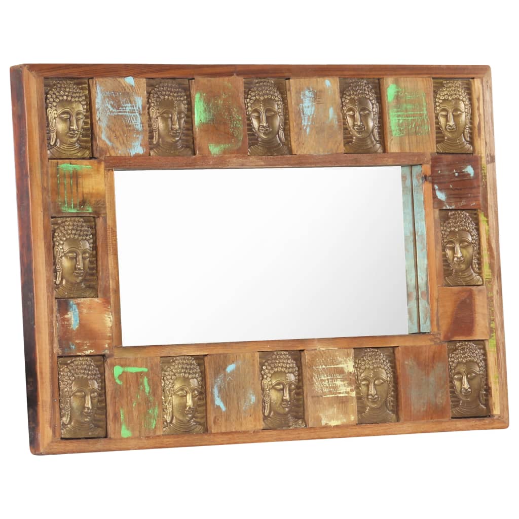 Specchio Decorato con Buddha 80x50cm Legno Massello di Recupero