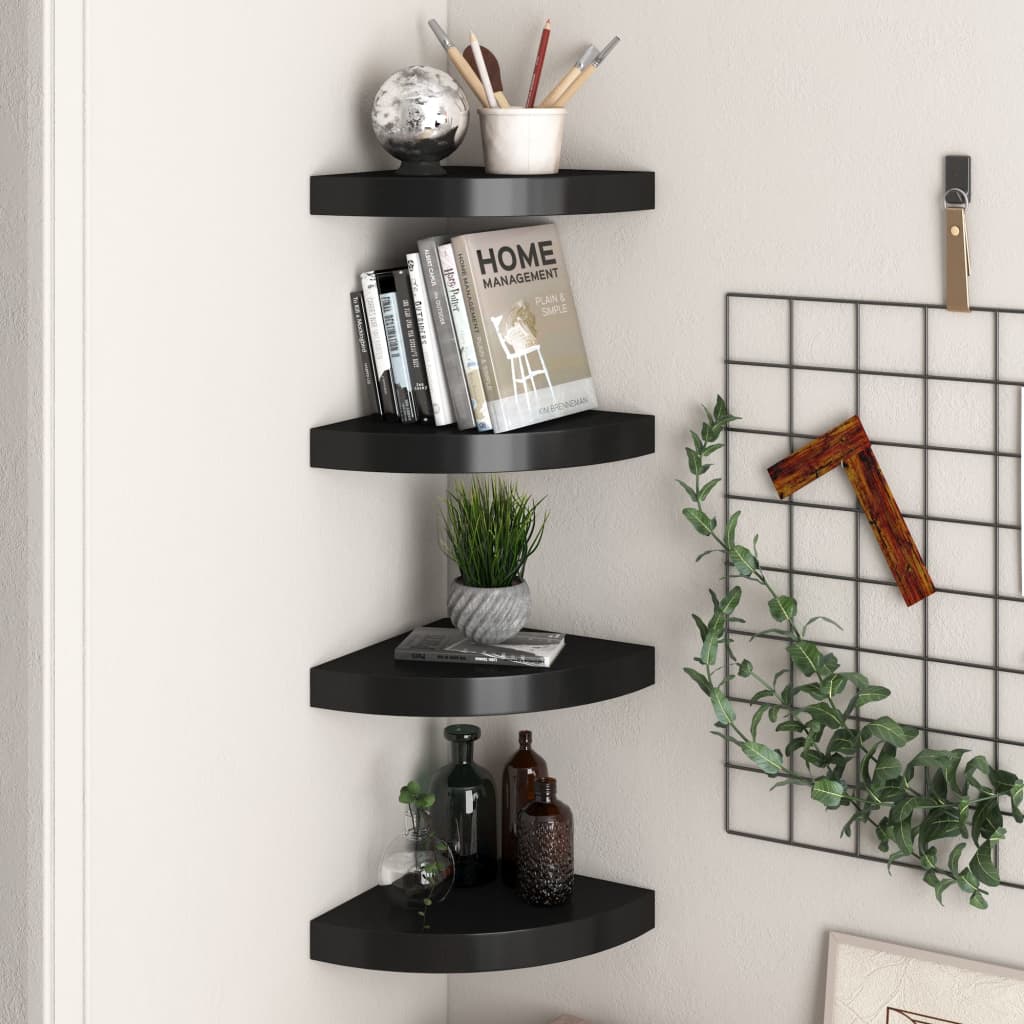 Scaffali Angolari a Parete 4 pz Neri 25x25x3,8 cm in MDF