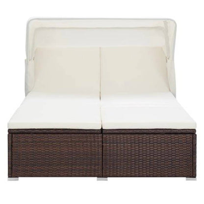 Lettino Prendisole a 2 Posti con Cuscino in Polyrattan Marrone