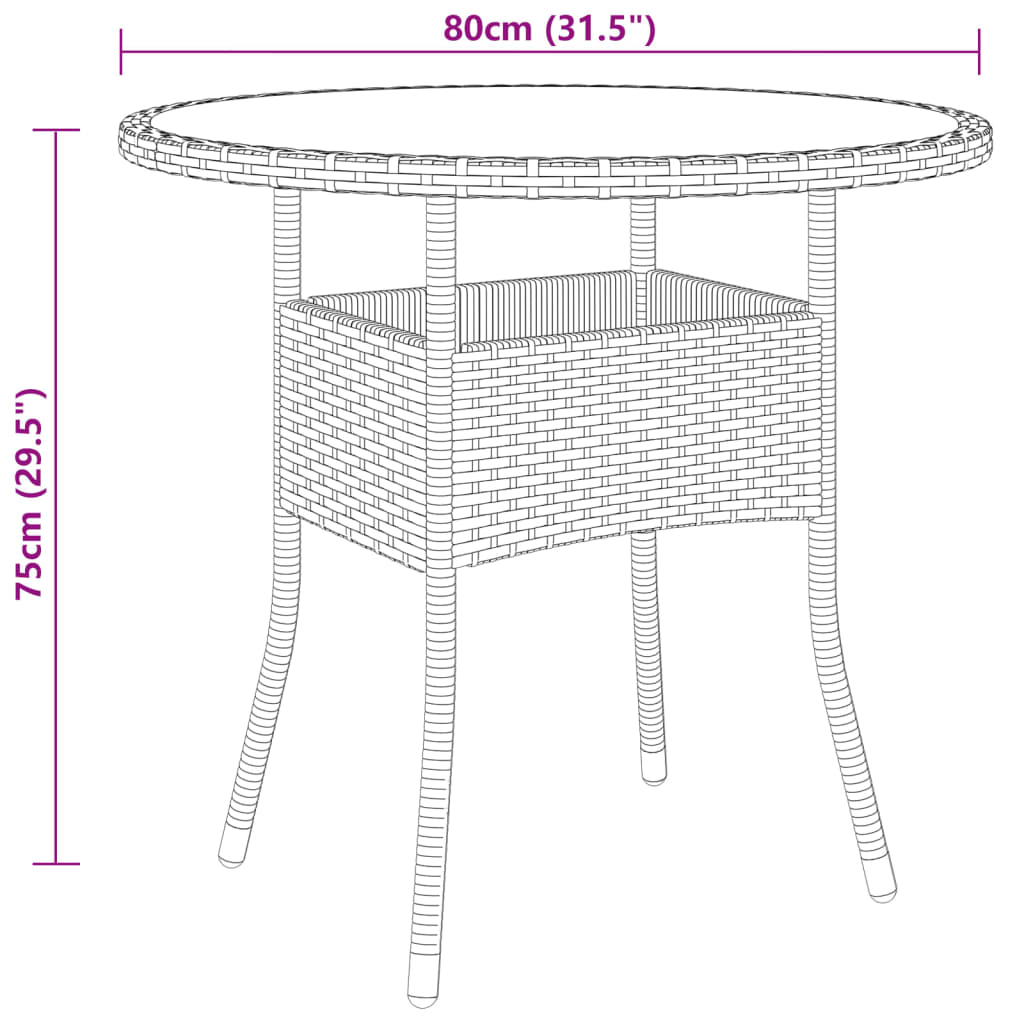 Tavolo da Giardino Ã˜80x75 cm Vetro Temperato e Polyrattan Nero