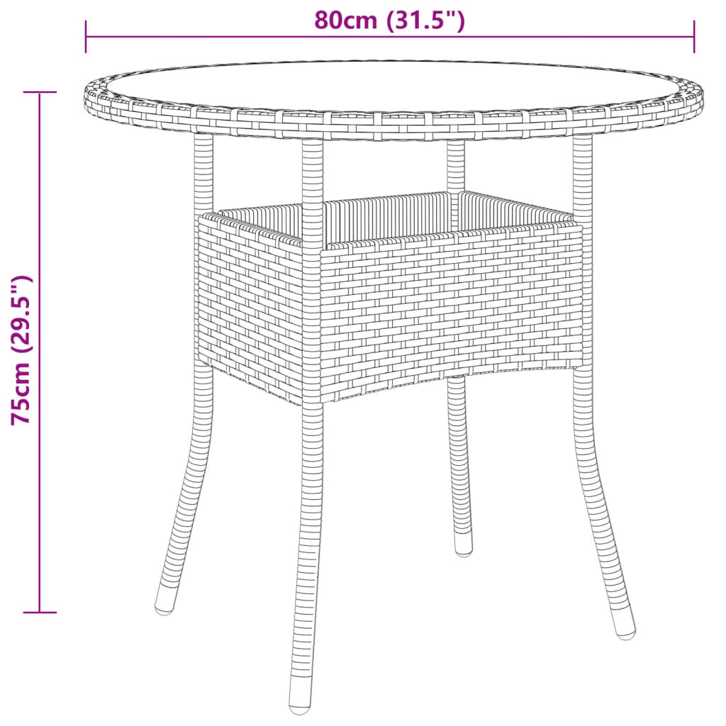 Tavolo Giardino Ã˜80x75 cm Vetro Temperato e Polyrattan Marrone
