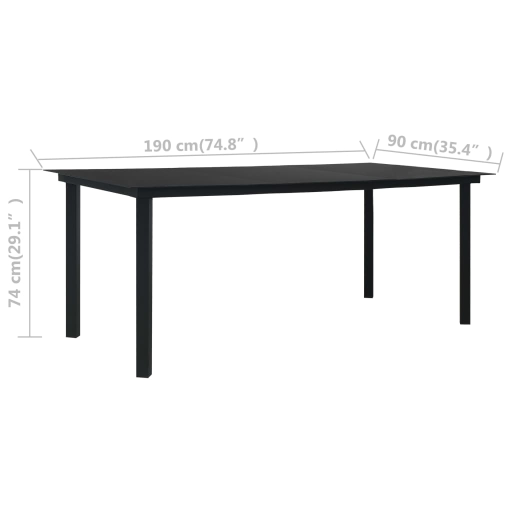 Tavolo da Giardino Nero 190x90x74 cm in Acciaio e Vetro
