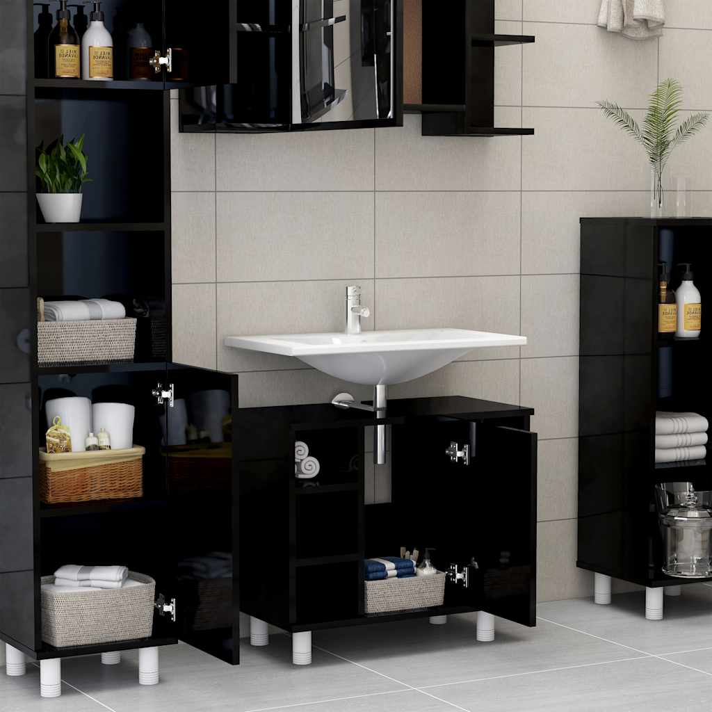 Mobile da Bagno Nero Lucido 60x32x53,5cm in Legno Multistrato
