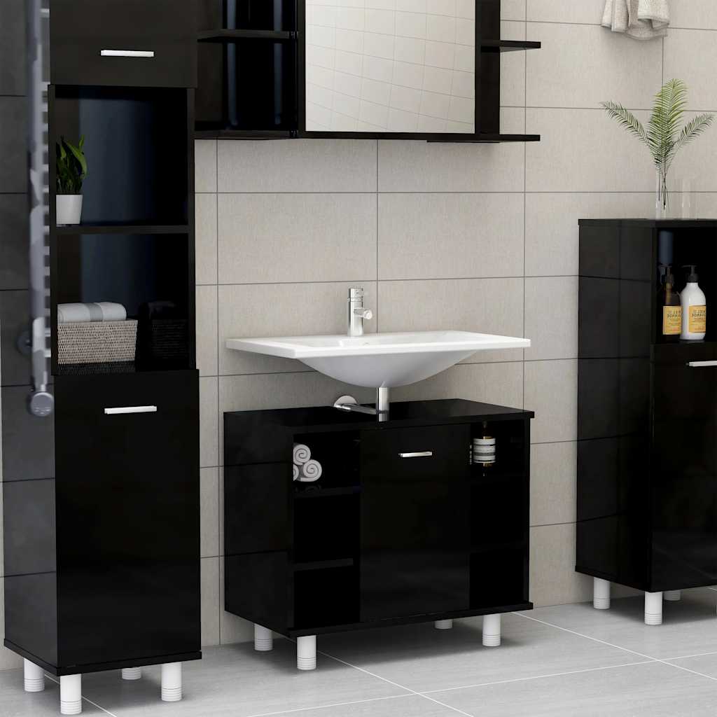 Mobile da Bagno Nero Lucido 60x32x53,5cm in Legno Multistrato
