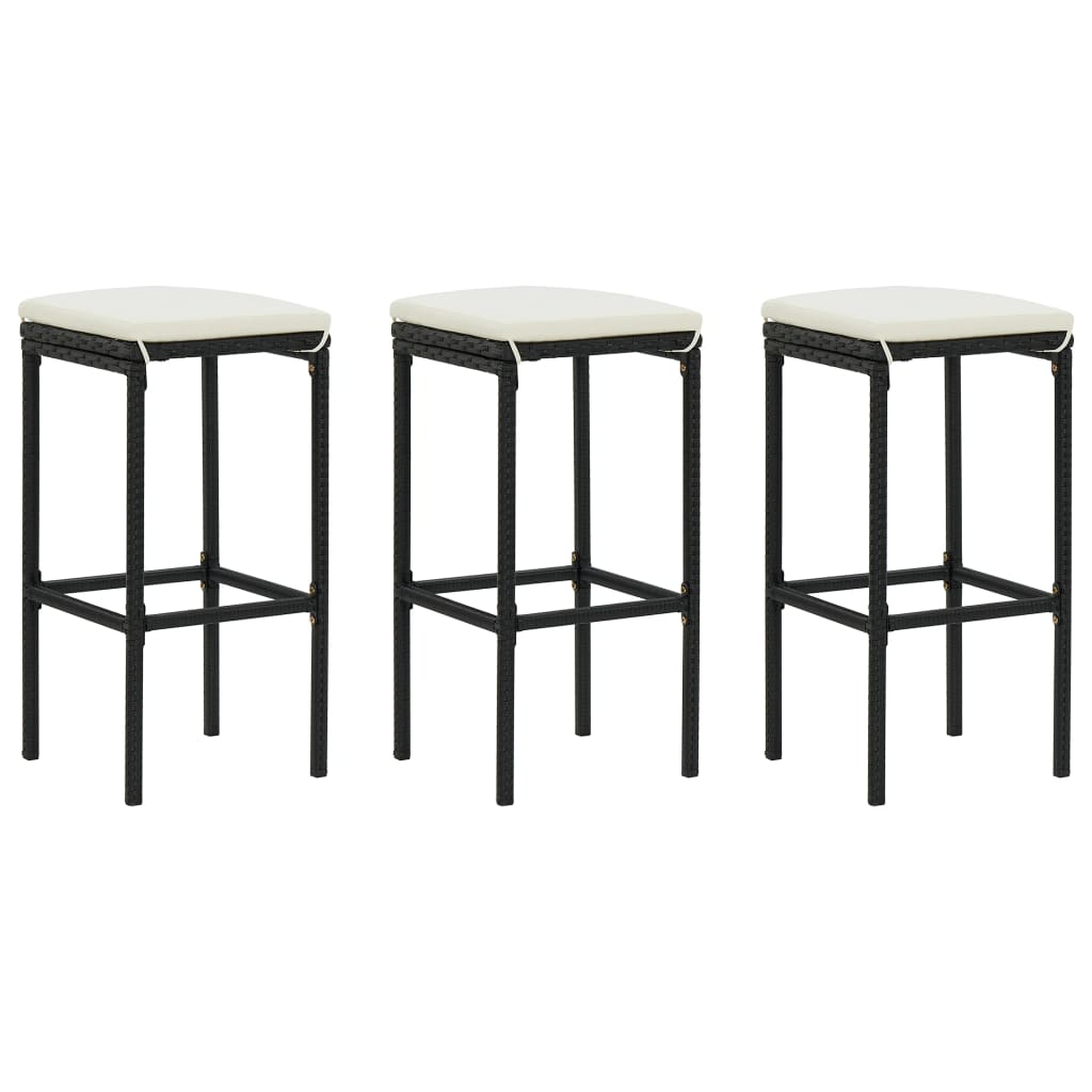 Sgabelli da Bar con Cuscini 3 pz Neri in Polyrattan