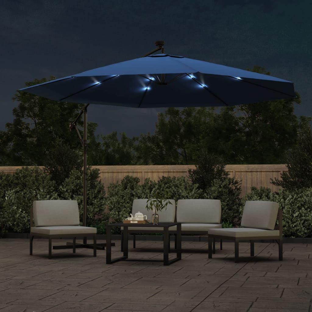 Ombrellone a Sbalzo con Palo e Luci a LED Azzurro 350 cm