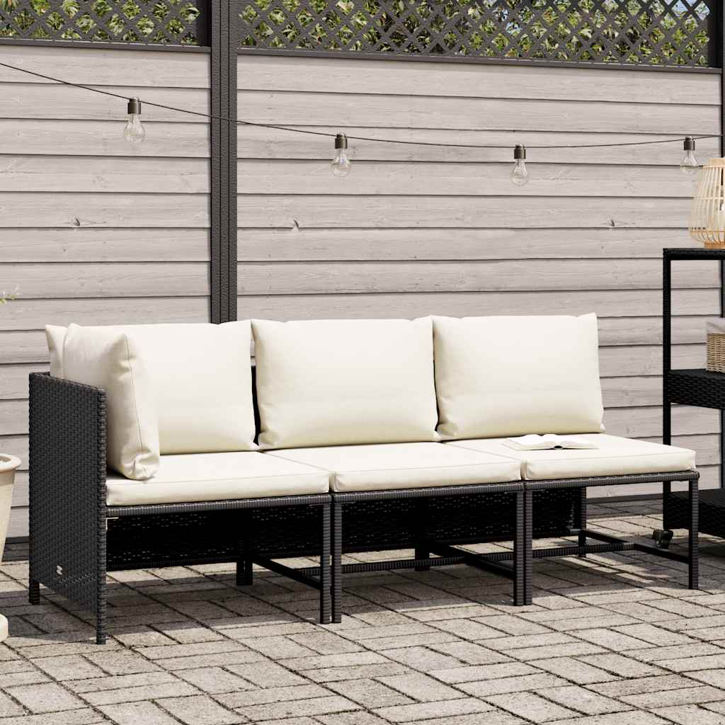Set Divani da Giardino 3 pz con Cuscini in Polyrattan Nero