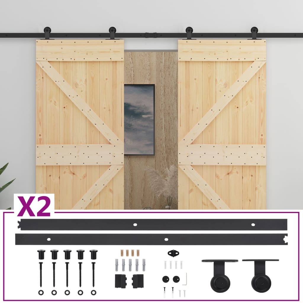 Porta Scorrevole con Set Hardware 90x210 cm in Legno di Pino