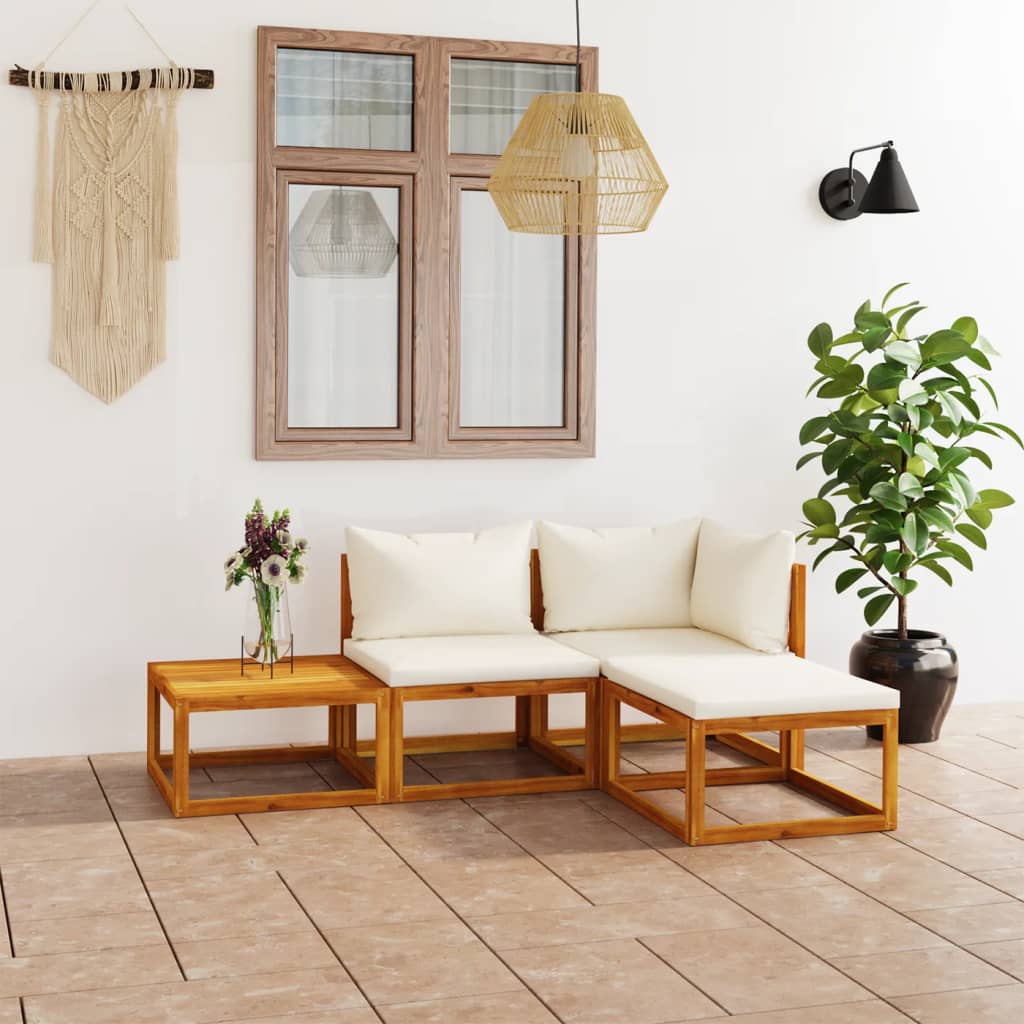 Set Divani da Giardino 4 pz con Cuscini Crema in Legno Acacia