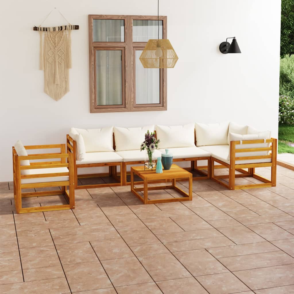 Set Divani da Giardino 7 pz con Cuscini Crema Massello Acacia
