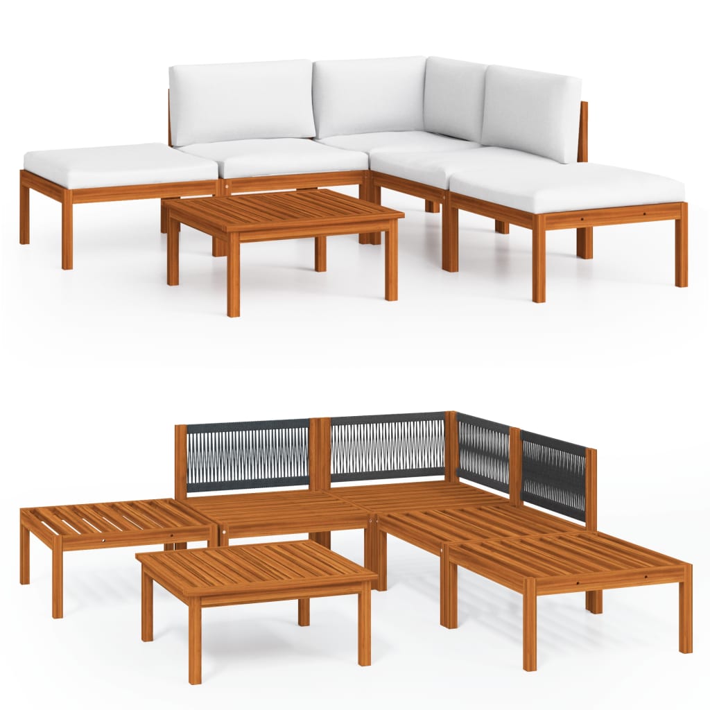 Set da giardino 6 pezzi con cuscini in legno crema, acacia e corda