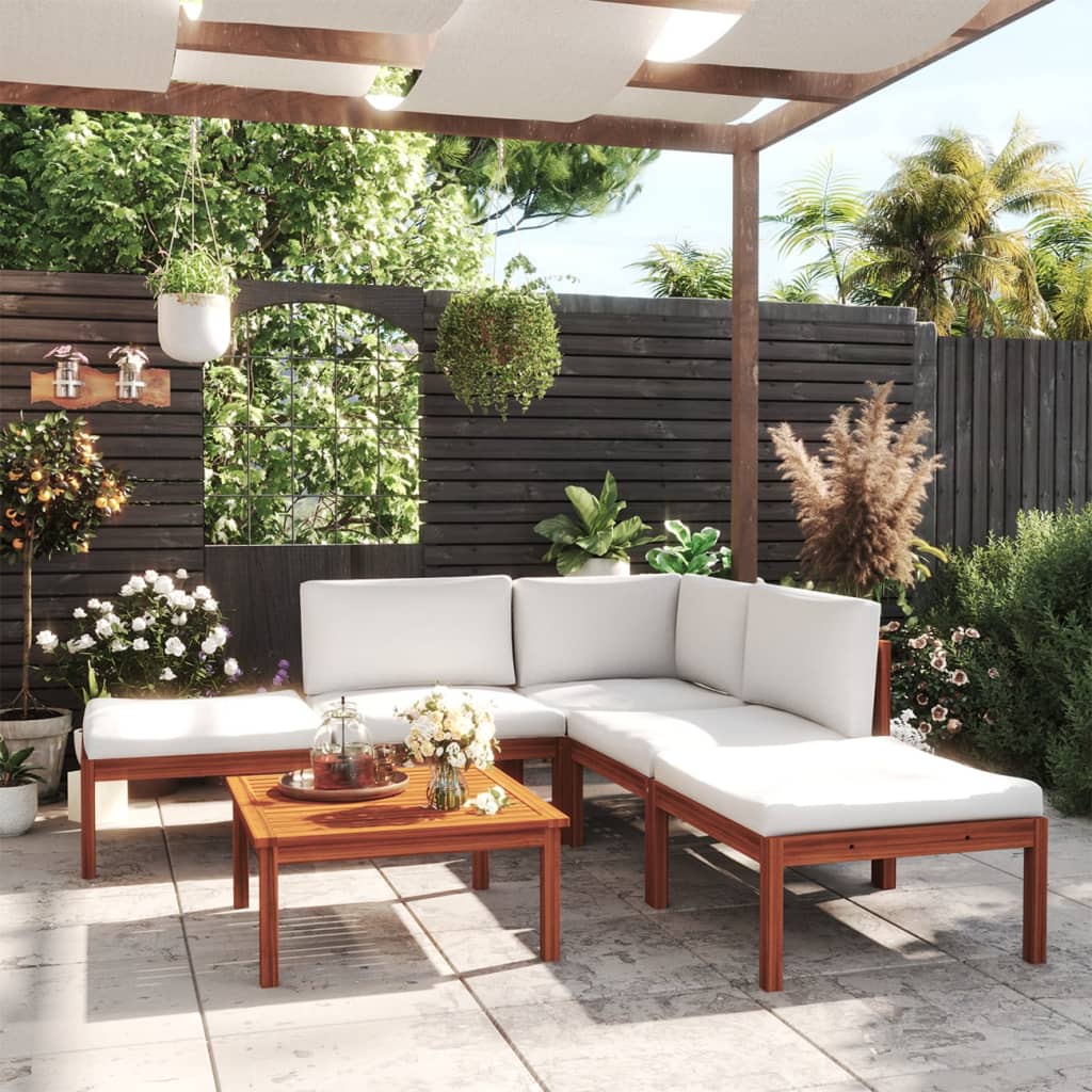 Set da giardino 6 pezzi con cuscini in legno crema, acacia e corda