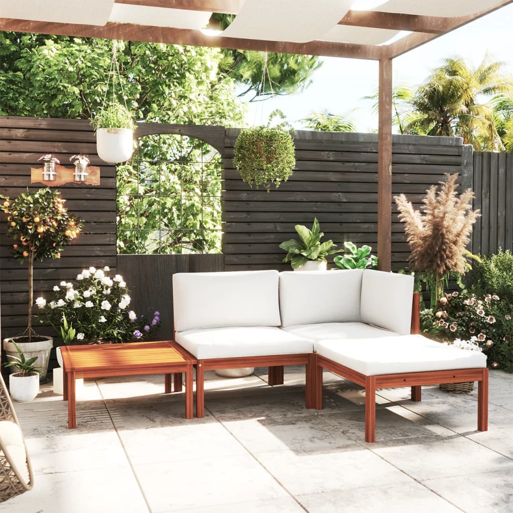 Set da giardino 4 pezzi con cuscini in legno crema, acacia e corda