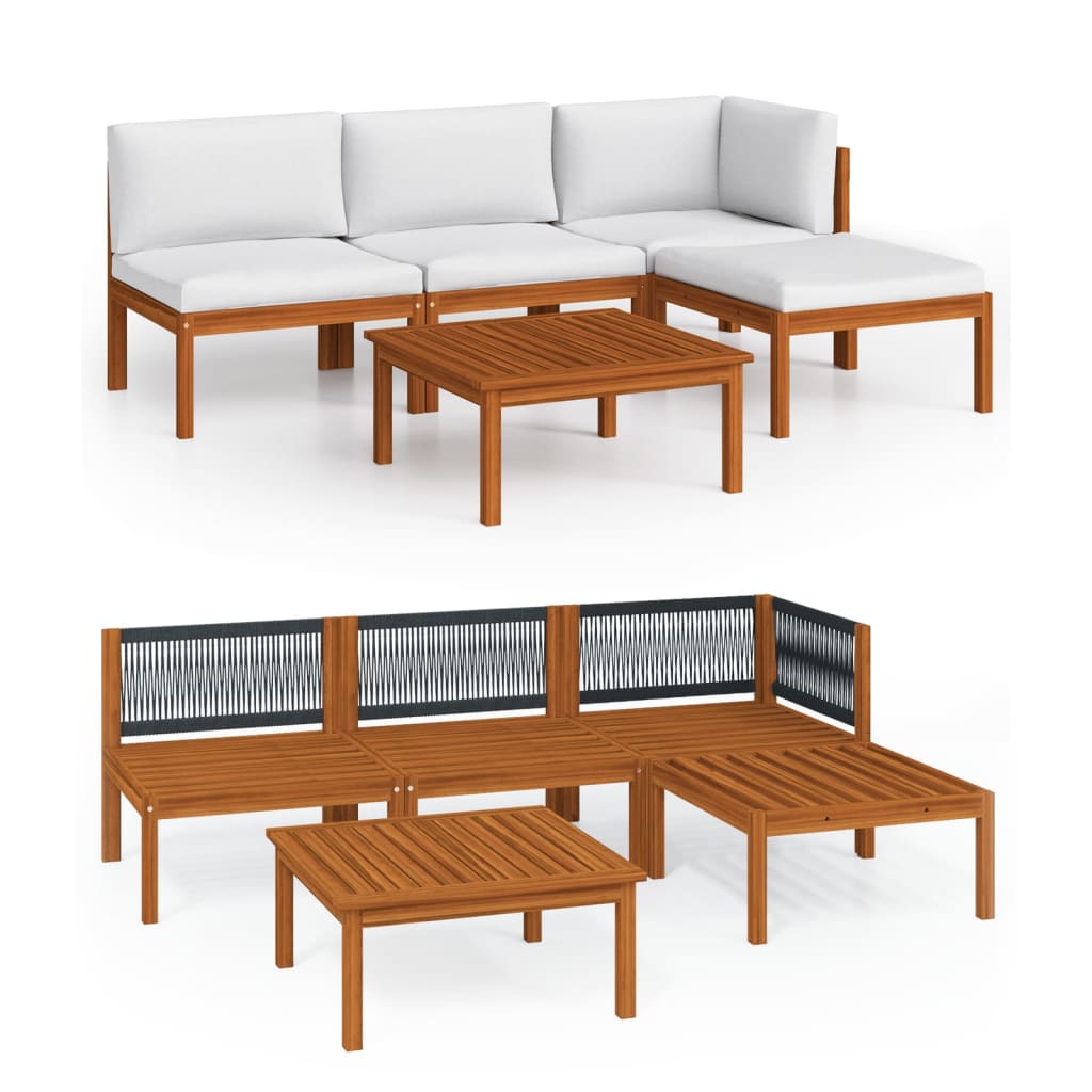 Set da giardino 5 pezzi con cuscini in legno crema, acacia e corda