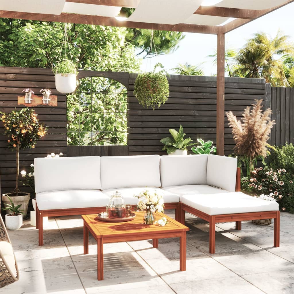 Set da giardino 5 pezzi con cuscini in legno crema, acacia e corda