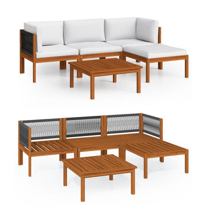 Set da giardino 5 pezzi con cuscini in legno crema, acacia e corda