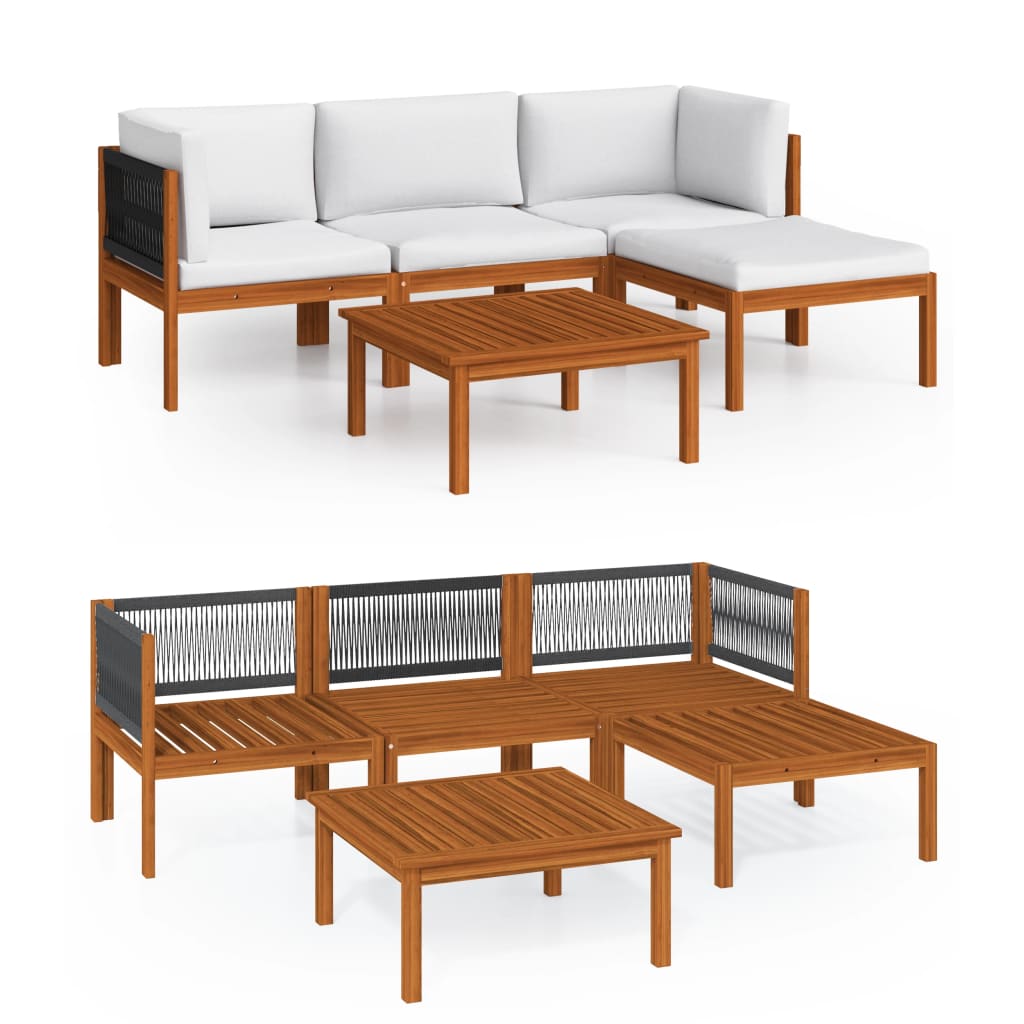 Set da giardino 5 pezzi con cuscini in legno crema, acacia e corda