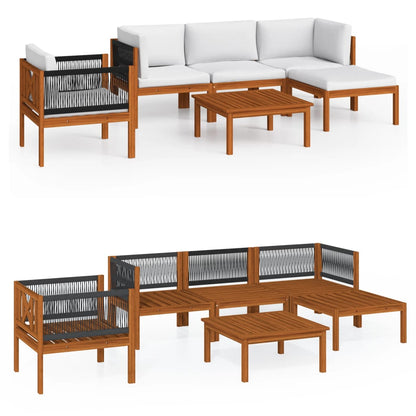 Set da giardino 6 pezzi con cuscini in legno crema, acacia e corda