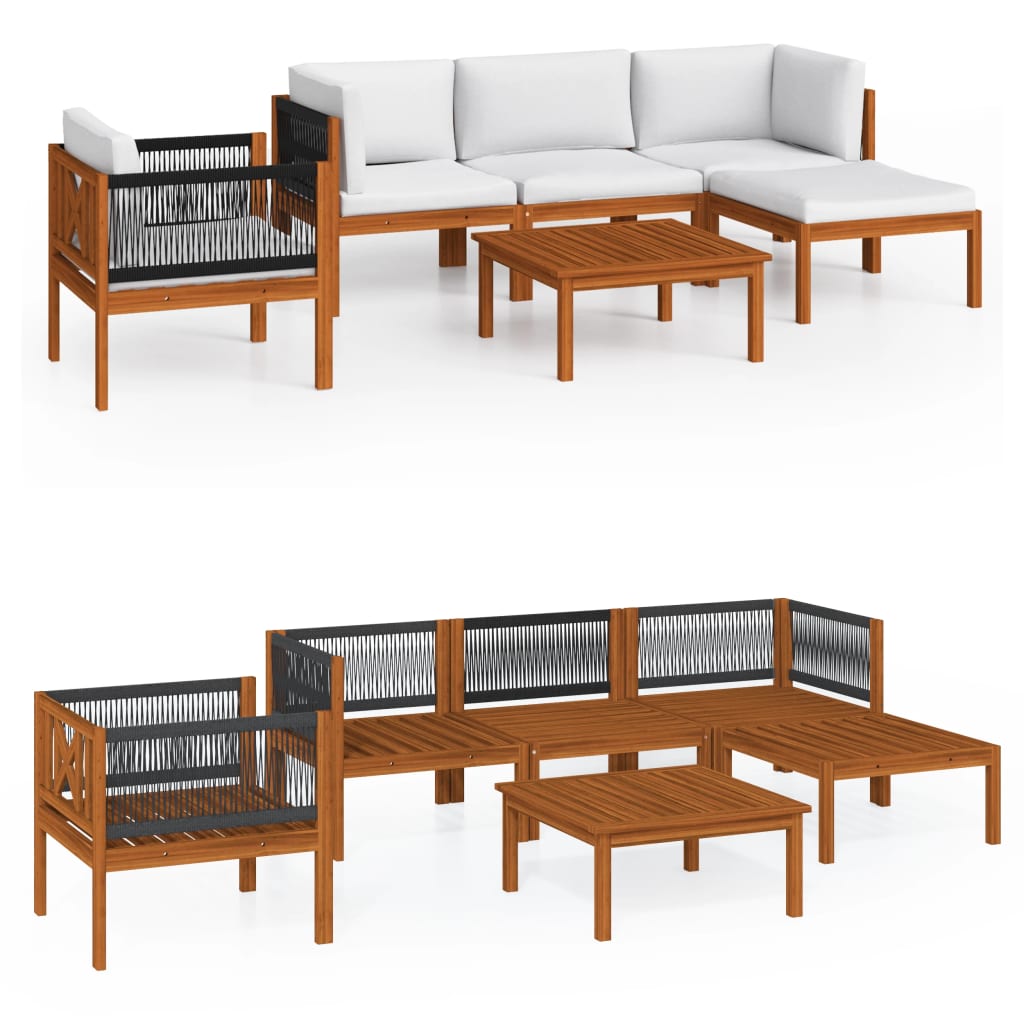 Set da giardino 6 pezzi con cuscini in legno crema, acacia e corda