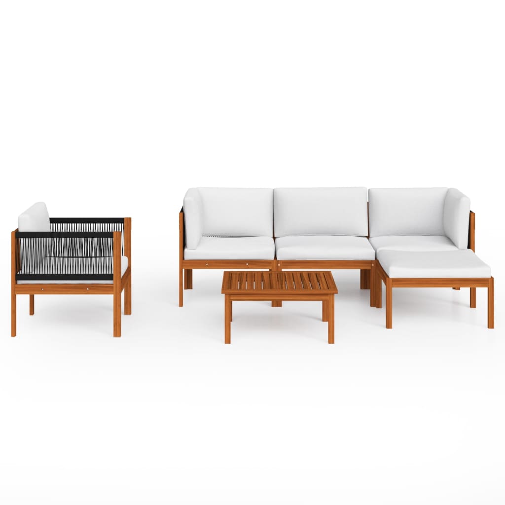 Set da giardino 6 pezzi con cuscini in legno crema, acacia e corda