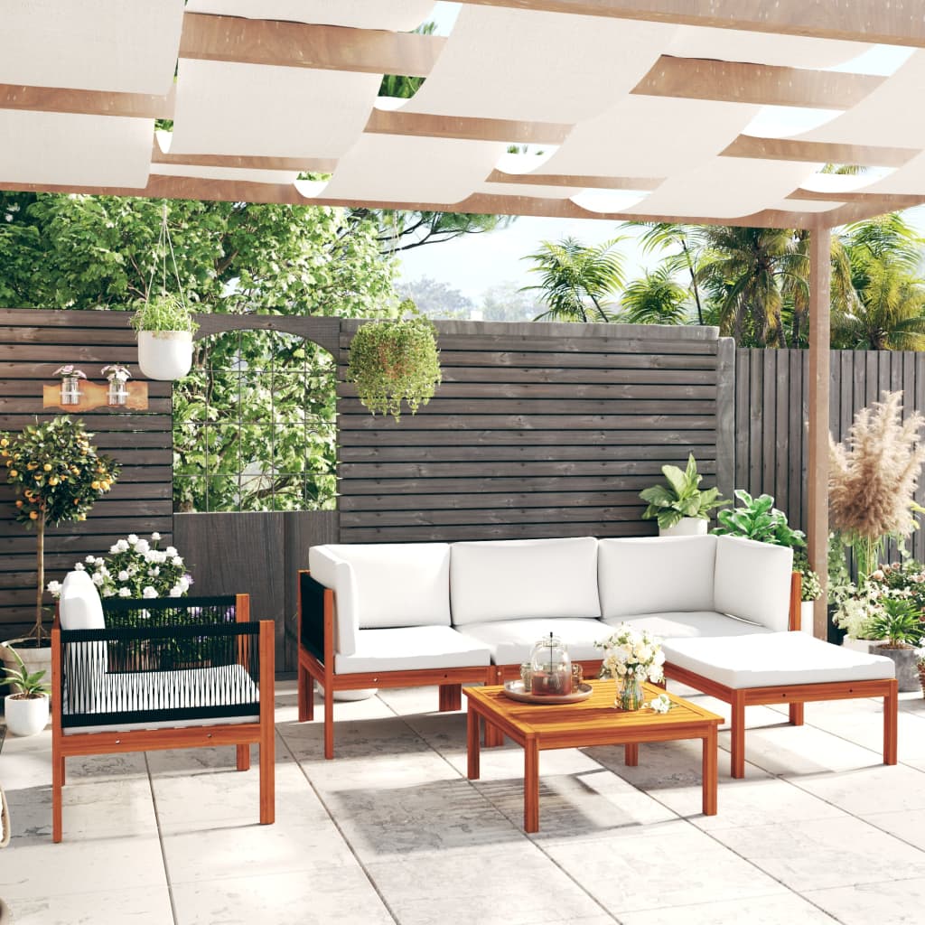 Set da giardino 6 pezzi con cuscini in legno crema, acacia e corda