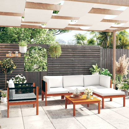 Set da giardino 6 pezzi con cuscini in legno crema, acacia e corda