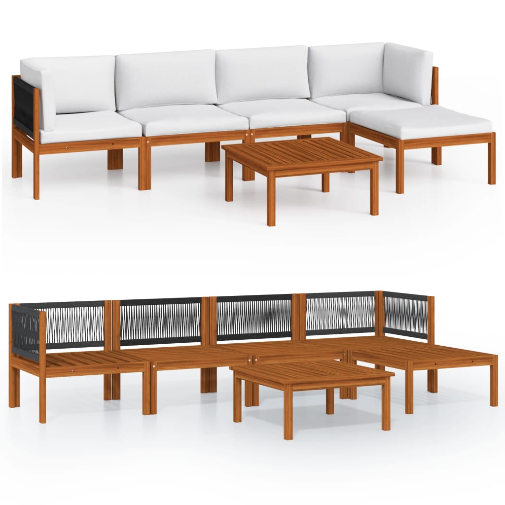 Set da giardino 6 pezzi con cuscini in legno crema, acacia e corda