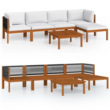 Set da giardino 6 pezzi con cuscini in legno crema, acacia e corda