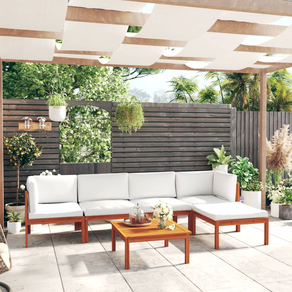 Set da giardino 6 pezzi con cuscini in legno crema, acacia e corda