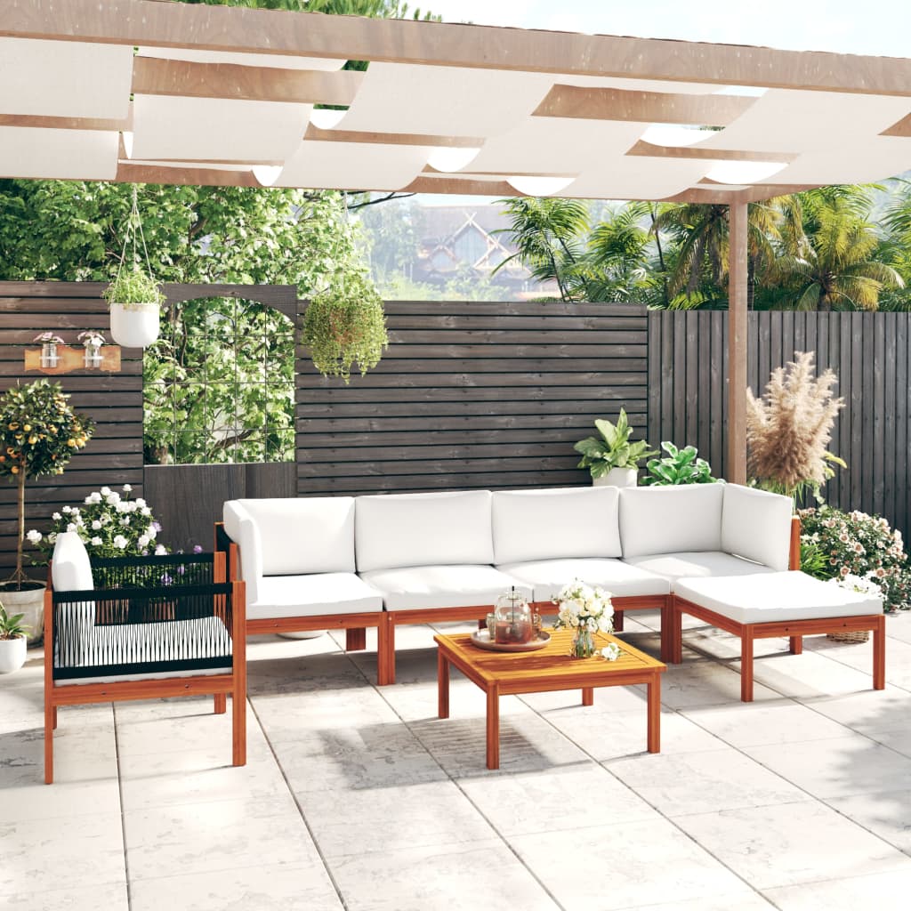 Set da Giardino 7 pz con Cuscini in Legno Crema, Acacia e Corda