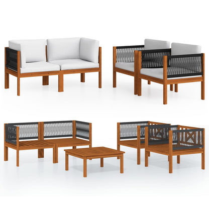 Set da giardino 5 pezzi con cuscini in legno crema, acacia e corda