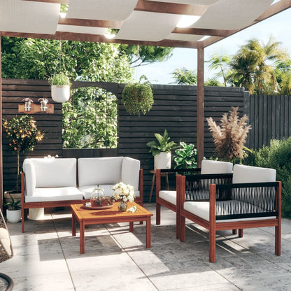 Set da giardino 5 pezzi con cuscini in legno crema, acacia e corda