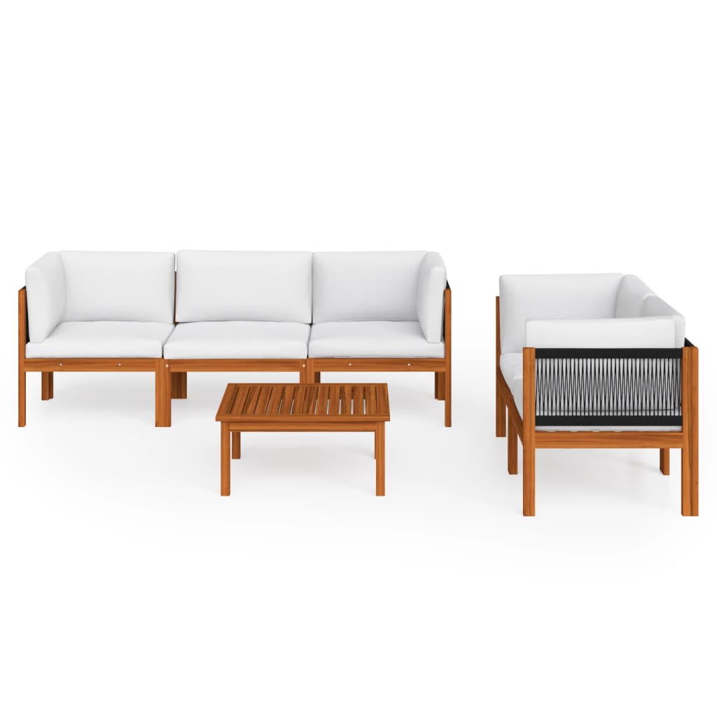 Set da giardino 6 pezzi con cuscini in legno crema, acacia e corda
