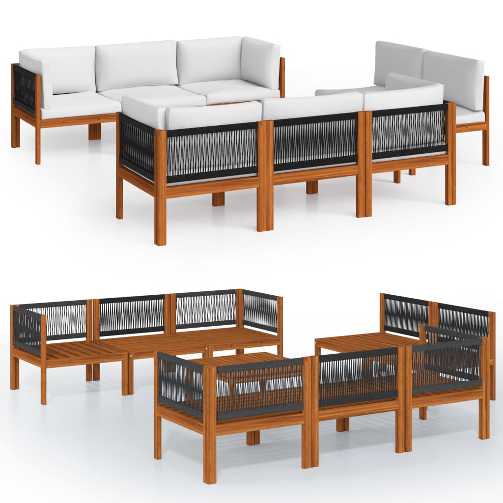 Set da giardino 9 pezzi con cuscini in legno crema, acacia e corda