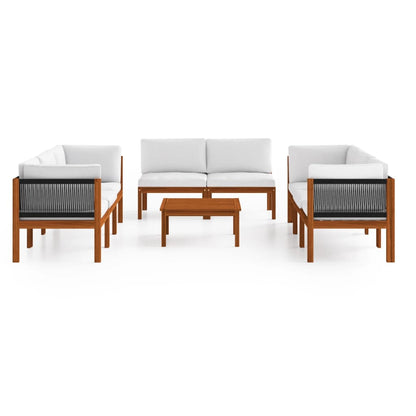 Set da giardino 9 pezzi con cuscini in legno crema, acacia e corda
