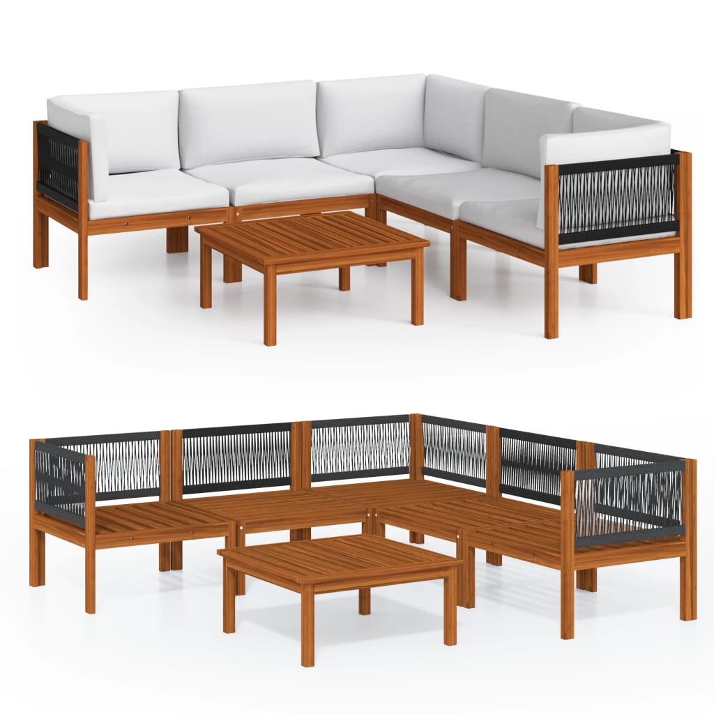 Set da giardino 6 pezzi con cuscini in legno crema, acacia e corda