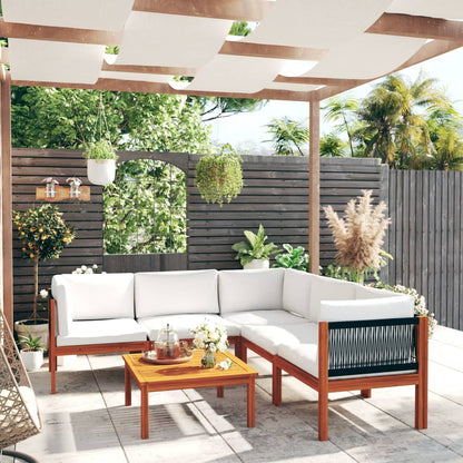 Set da giardino 6 pezzi con cuscini in legno crema, acacia e corda