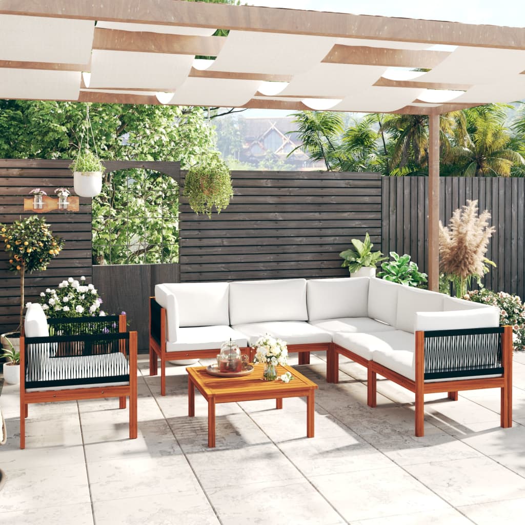Set da Giardino 7 pz con Cuscini in Legno Crema, Acacia e Corda