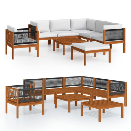 Set da giardino 8 pezzi con cuscini in legno crema, acacia e corda