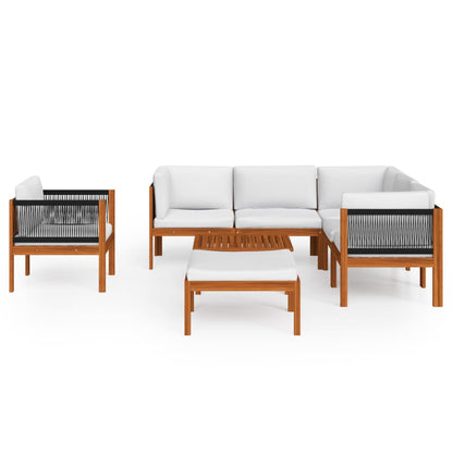 Set da giardino 8 pezzi con cuscini in legno crema, acacia e corda