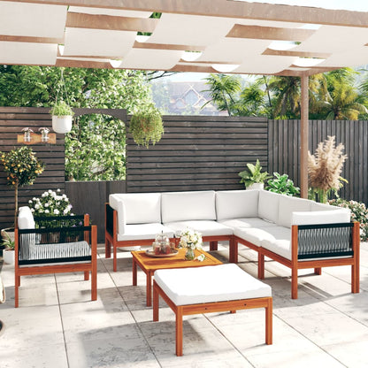 Set da giardino 8 pezzi con cuscini in legno crema, acacia e corda