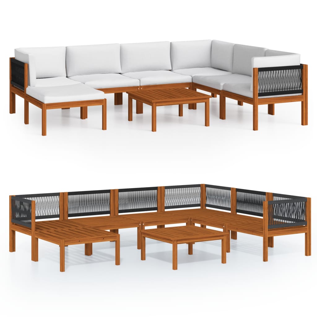 Set da giardino 8 pezzi con cuscini in legno crema, acacia e corda