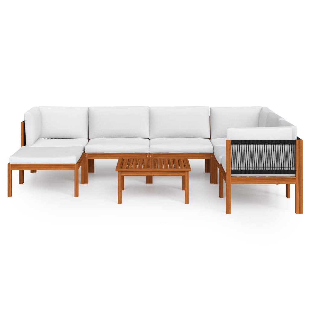 Set da giardino 8 pezzi con cuscini in legno crema, acacia e corda