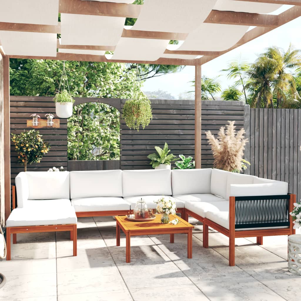 Set da giardino 8 pezzi con cuscini in legno crema, acacia e corda