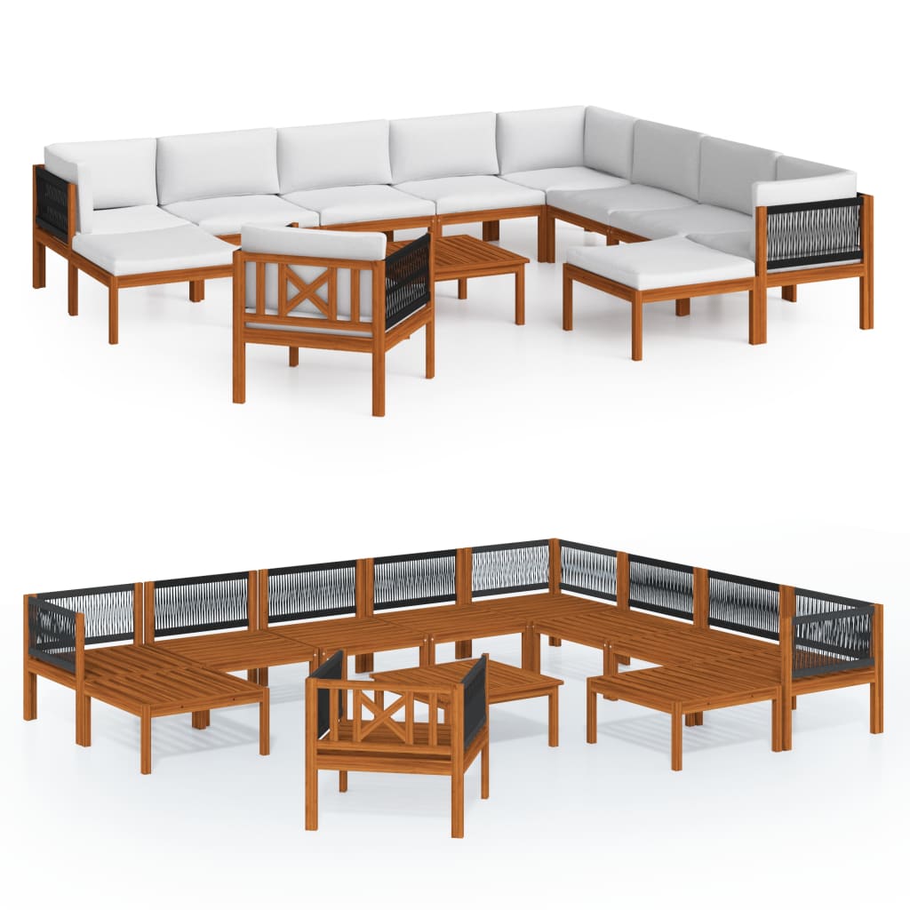 Set da giardino 12 pezzi con cuscini in legno crema, acacia e corda