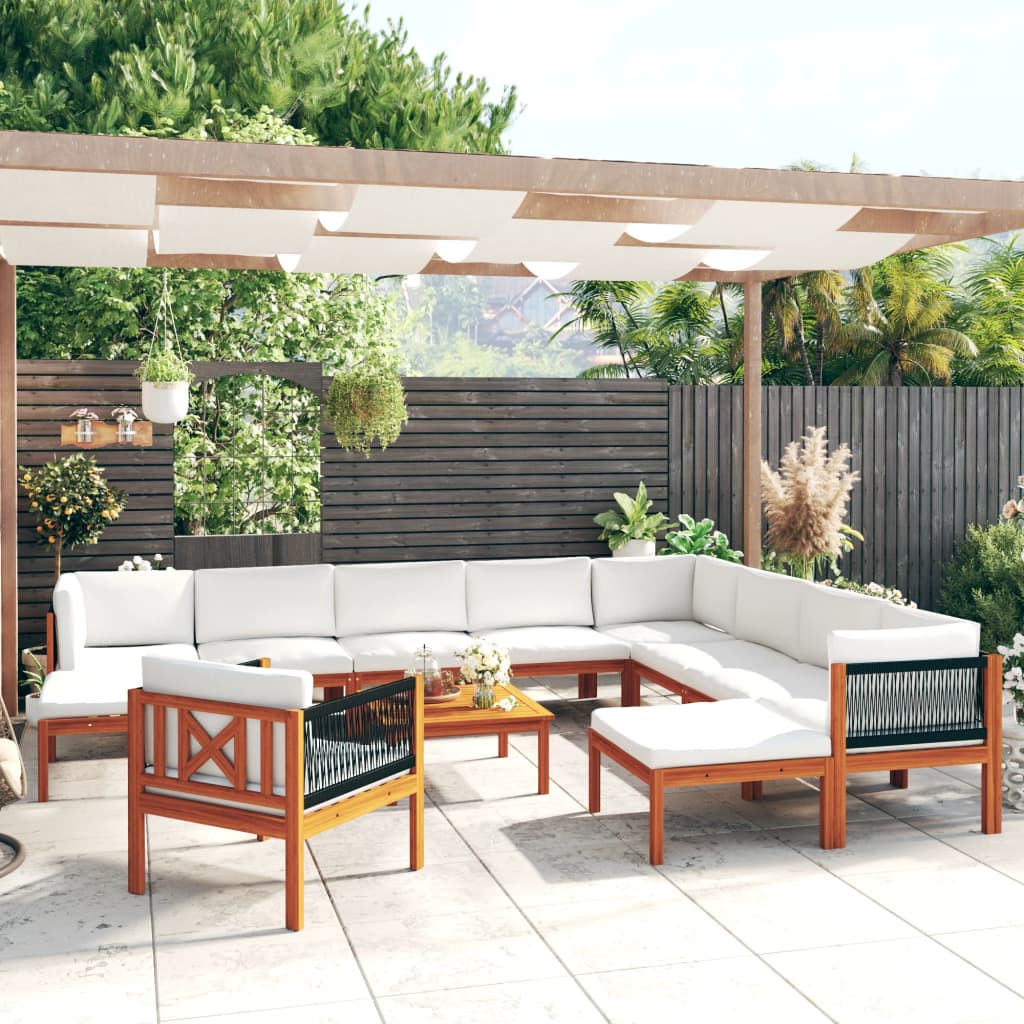 Set da giardino 12 pezzi con cuscini in legno crema, acacia e corda