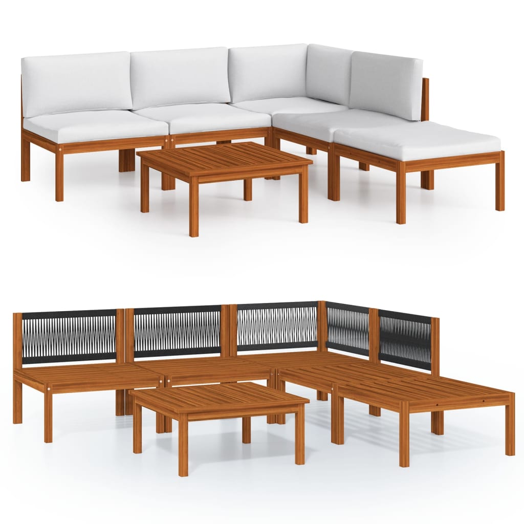 Set da giardino 6 pezzi con cuscini in legno crema, acacia e corda