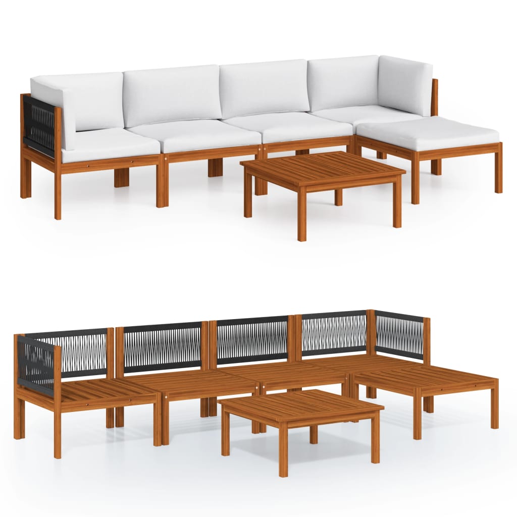 Set da giardino 6 pezzi con cuscini in legno crema, acacia e corda