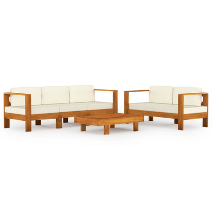 Set Divani Giardino 5 pz Cuscini Bianco Crema in Legno d'Acacia
