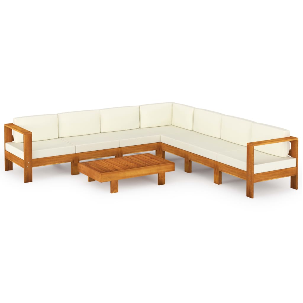 Set Divani Giardino 8 pz Cuscini Bianco Crema in Legno d'Acacia